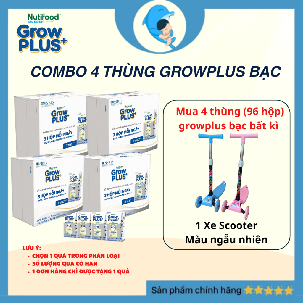 [KT] [Combo 4 thùng bạc tặng quà] Sữa Bột Pha Sẵn  Grow plus+ Cao lớn vượt trội 110ml/180ml MECAHEO ( 24 hộp/thùng)