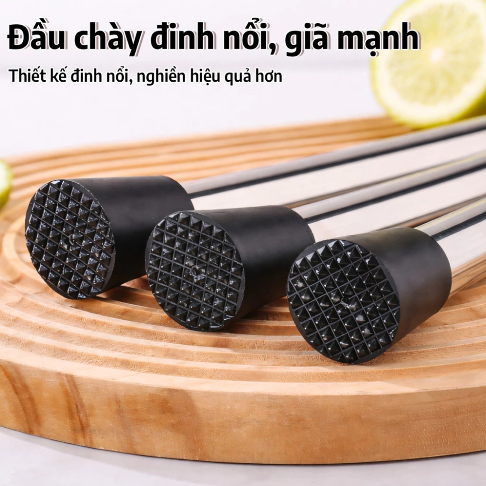 Chày dầm pha chế inox 304 20/25/30cm đầu nhựa cao cấp Dụng cụ cocktail ép trái cây đá viên nước sốt