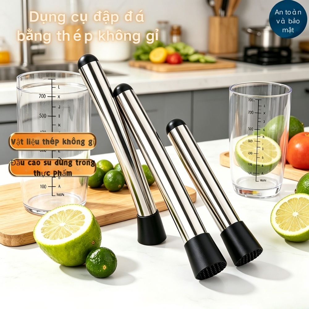 Chày dầm pha chế inox 304 20/25/30cm đầu nhựa cao cấp Dụng cụ cocktail ép trái cây đá viên nước sốt