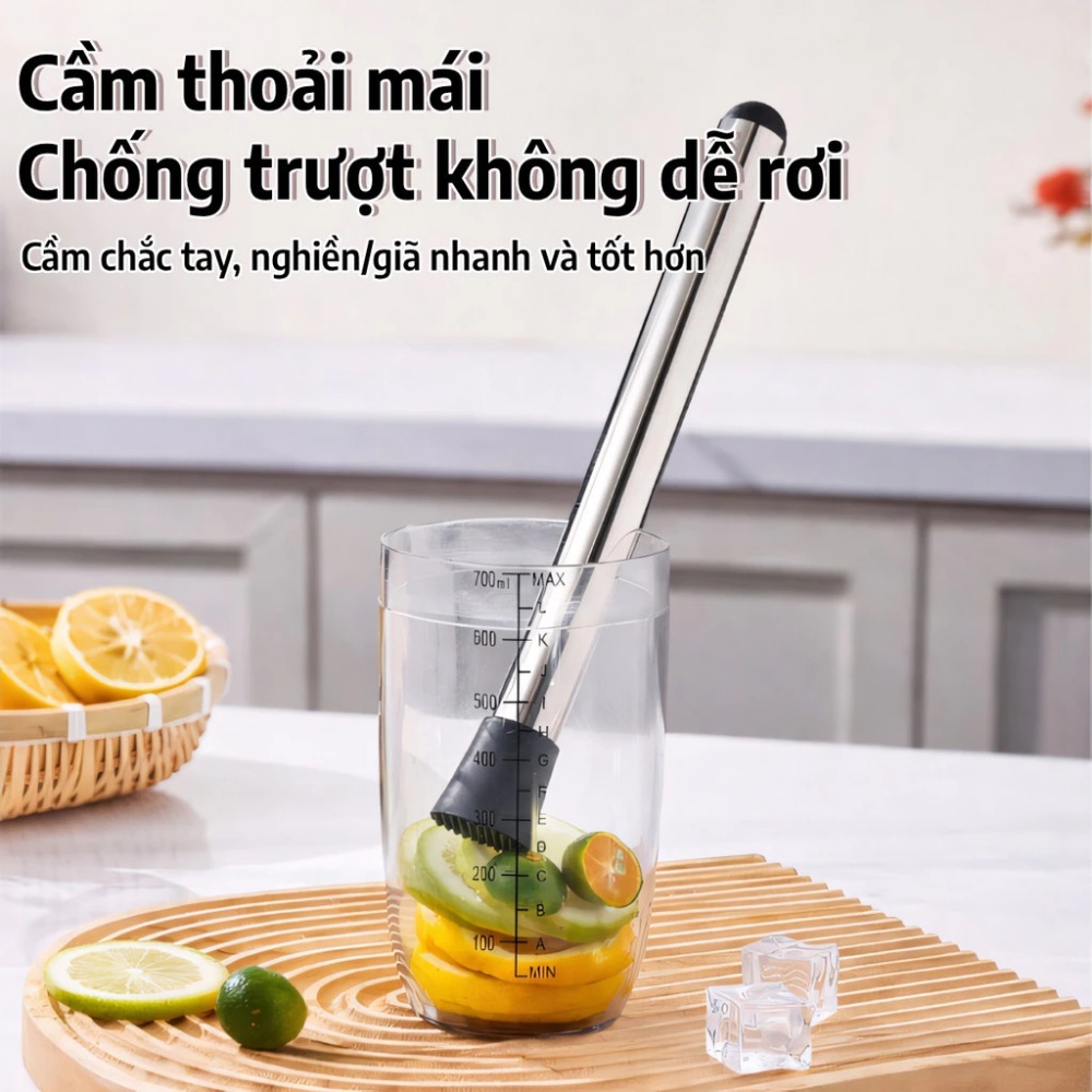 Chày dầm pha chế inox 304 20/25/30cm đầu nhựa cao cấp Dụng cụ cocktail ép trái cây đá viên nước sốt
