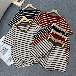 Đồ Bộ Bigsize Nữ Set Áo Thun Cổ Tim Phối Quần Đùi Lưng Chun Kẻ Sọc Cho Chubby SET879