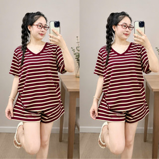 Đồ Bộ Bigsize Nữ Set Áo Thun Cổ Tim Phối Quần Đùi Lưng Chun Kẻ Sọc Cho Chubby SET879