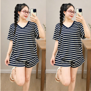 Đồ Bộ Bigsize Nữ Set Áo Thun Cổ Tim Phối Quần Đùi Lưng Chun Kẻ Sọc Cho Chubby SET879