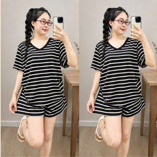 Đồ Bộ Bigsize Nữ Set Áo Thun Cổ Tim Phối Quần Đùi Lưng Chun Kẻ Sọc Cho Chubby SET879