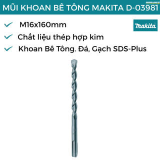 Mũi Khoan Bê Tông MAKITA D-03981 M16x160mm – Khoan Bê Tông. Đá, Gạch SDS-Plus, Thép Hợp Kim