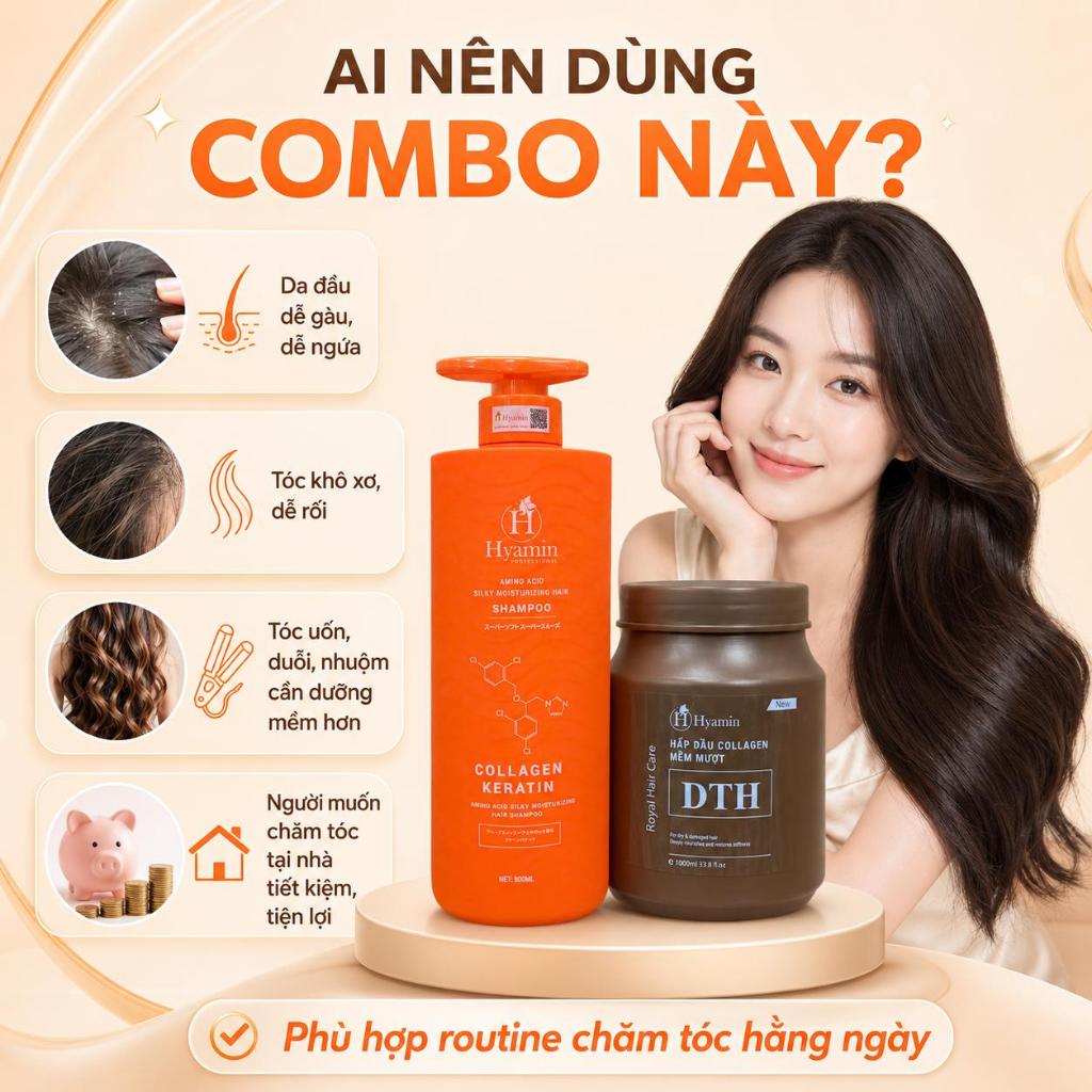 Dầu Gội Sạch Gàu Hyamin Tặng Kem Ủ Hyamin Collagen Keratin Tóc Mềm Mượt, Giảm Khô Xơ