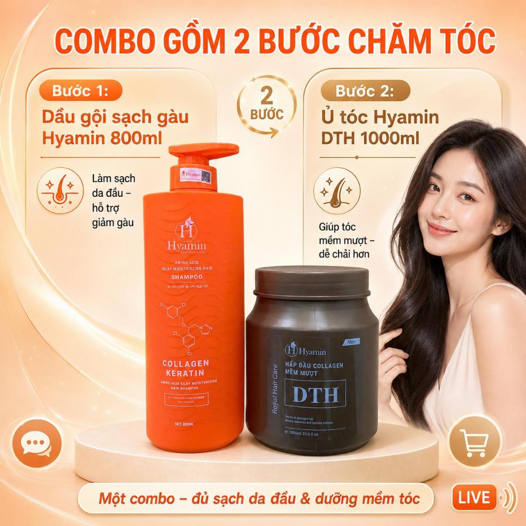 Dầu Gội Sạch Gàu Hyamin Tặng Kem Ủ Hyamin Collagen Keratin Tóc Mềm Mượt, Giảm Khô Xơ