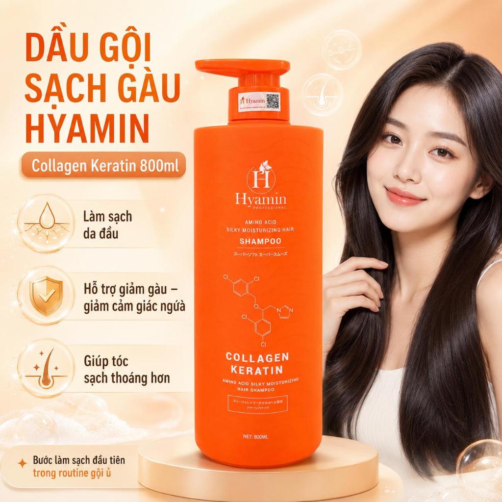Dầu Gội Sạch Gàu Hyamin Tặng Kem Ủ Hyamin Collagen Keratin Tóc Mềm Mượt, Giảm Khô Xơ