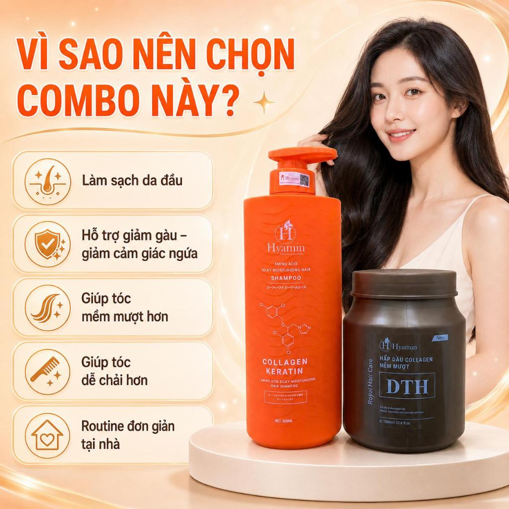 Dầu Gội Sạch Gàu Hyamin Tặng Kem Ủ Hyamin Collagen Keratin Tóc Mềm Mượt, Giảm Khô Xơ