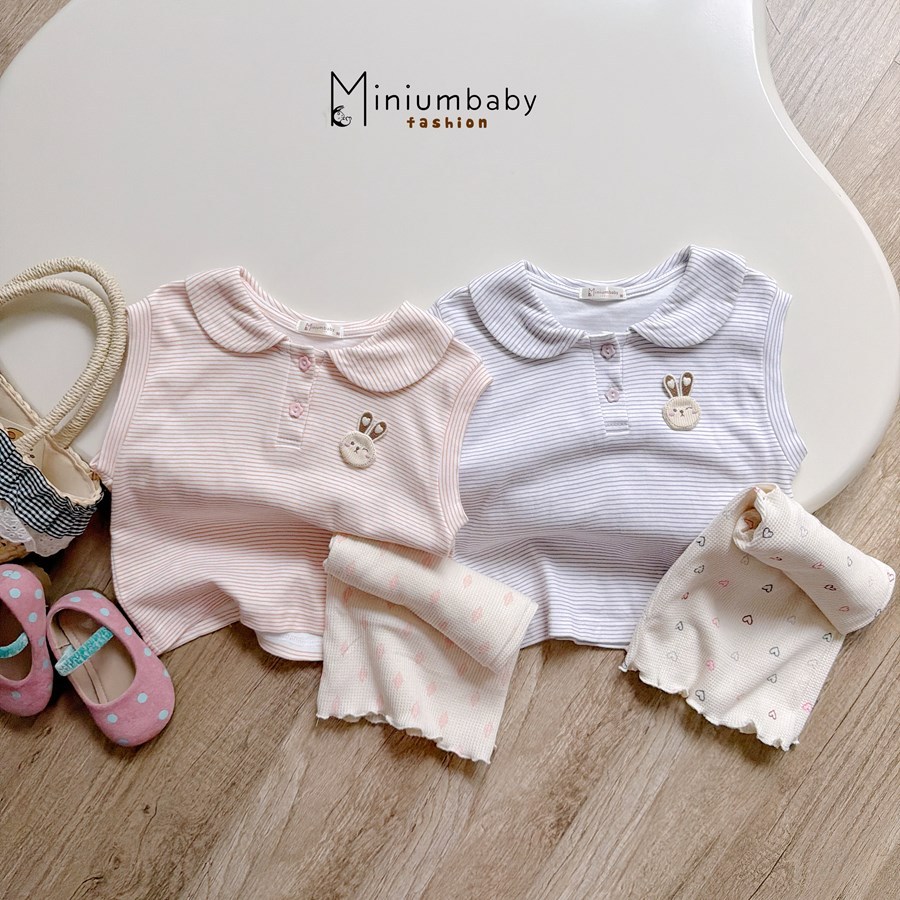 Set bộ cộc tay bé gái cổ sen Miniumbaby  đính thỏ mix quần suông lửng, chất áo cotton mềm mát SB2733