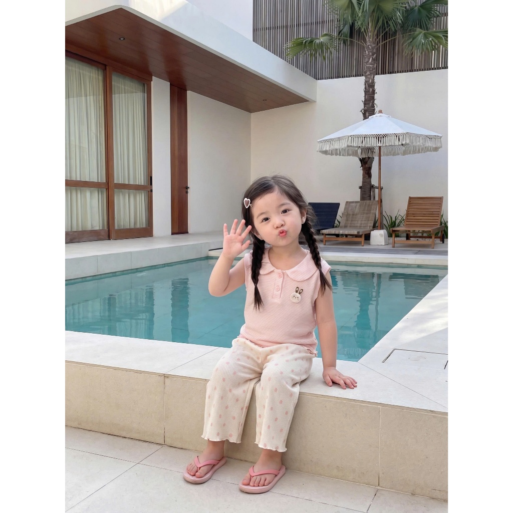 Set bộ cộc tay bé gái cổ sen Miniumbaby  đính thỏ mix quần suông lửng, chất áo cotton mềm mát SB2733