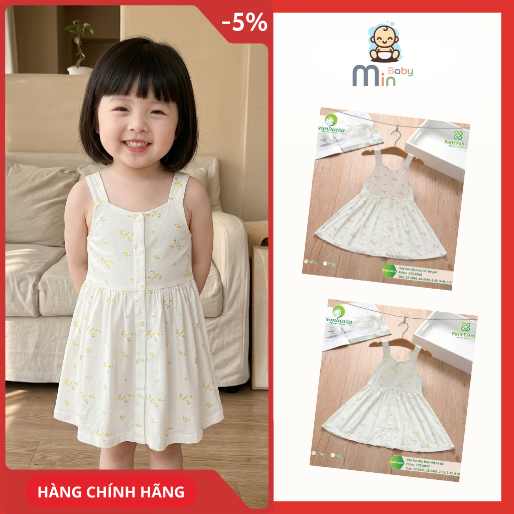 Váy Hai Dây Hoa Nhí Bé Gái Anminaza Vải Petit Mềm Mại Thoáng Mát - Hàng Chính Hãng AMI0616