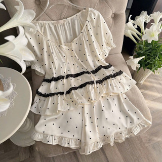 MÂY NGỦ | Bộ Đồ Ngủ Nữ Chấm Bi Vintage Bèo Tầng Tiểu Thư QCCC, Bộ Chấm Bi Lụa Cổ Tròn Cao Cấp, Áo Ngắn, Quần Ngắn/Dài