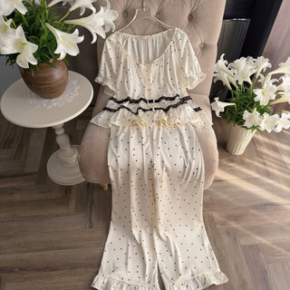 MÂY NGỦ | Bộ Đồ Ngủ Nữ Chấm Bi Vintage Bèo Tầng Tiểu Thư QCCC, Bộ Chấm Bi Lụa Cổ Tròn Cao Cấp, Áo Ngắn, Quần Ngắn/Dài