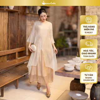 SWANLAKE | Váy Đầm Maxi Suông Nữ Xẻ Tà Tay Lỡ Cổ Tròn Vải Tơ Dập Ly Cao Cấp Đi Tiệc Công Sở D13235