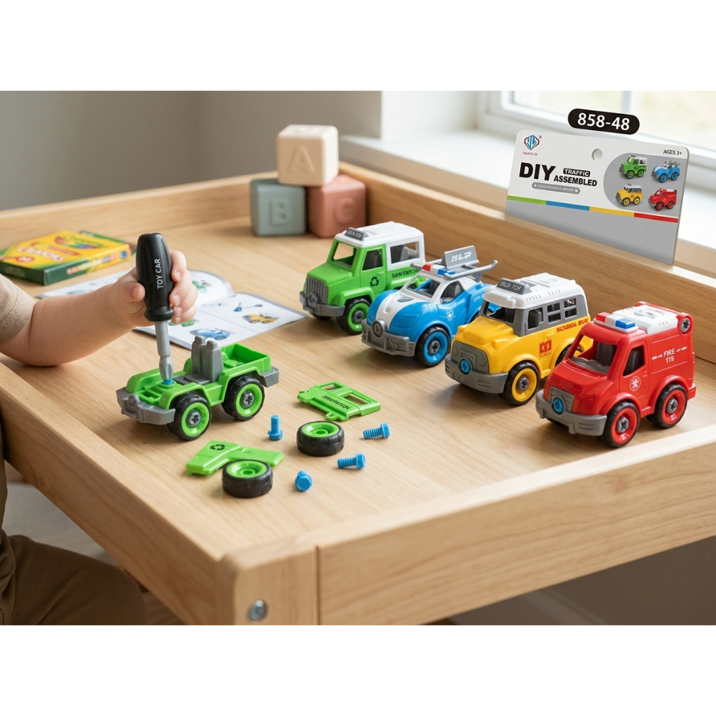 Bộ Đồ Chơi Xe Lắp Ráp DIY Cho Bé DecorSquare - 4 Xe Cứu Hỏa Cảnh Sát, Thành Phố, Kèm Tua Vít STEM