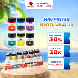 Hộp 12 màu Poster Pentel 30ml màu vẽ tươi sáng dễ pha chồng màu dùng được trên mọi chất liệu