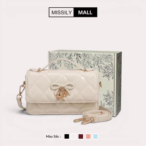 Túi xách nữ, túi đeo chéo quai xách MISSILY chất da trần chám kèm charm nơ sz 20cm (ms221)