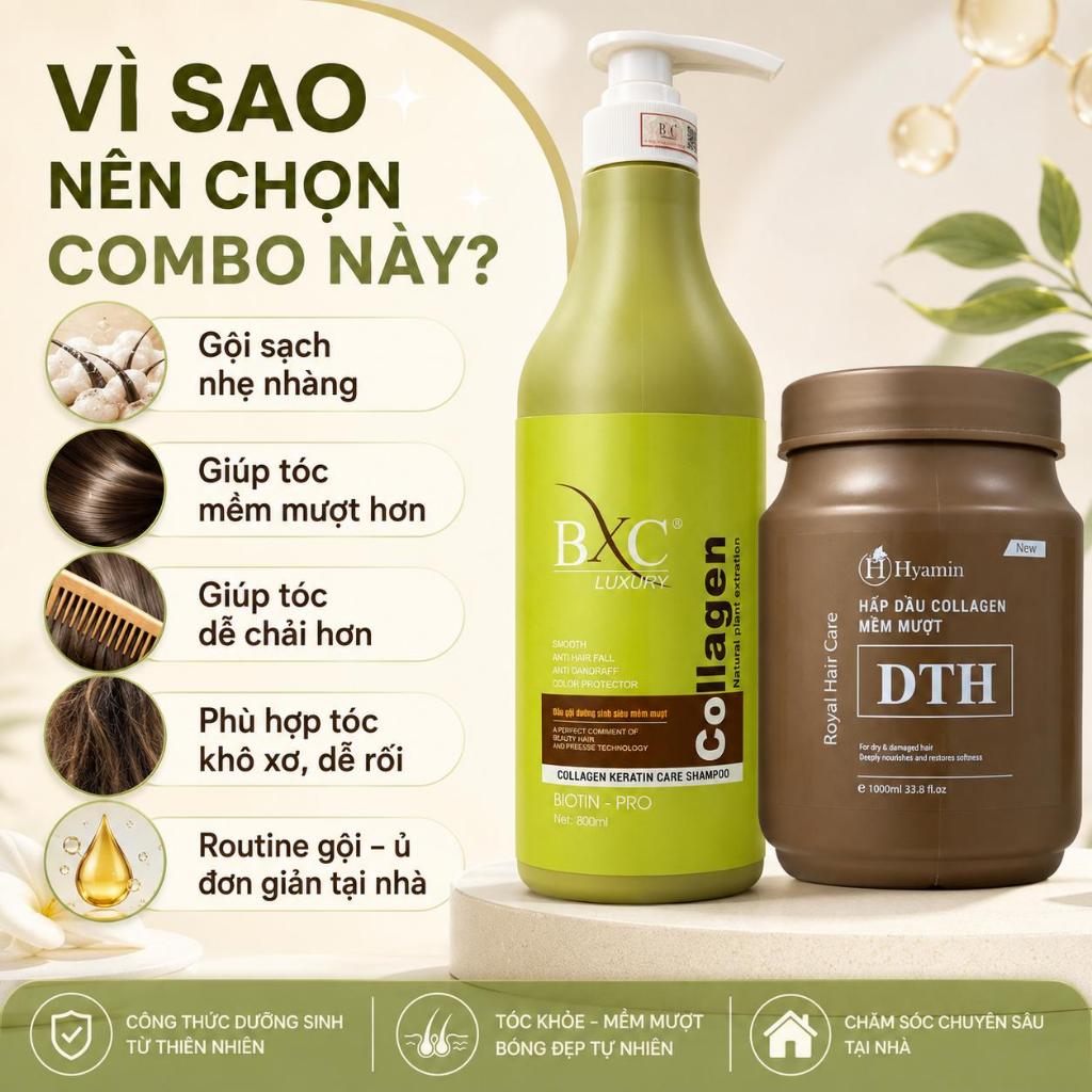 Combo Dầu Gội Dưỡng Sinh BXC Kem Ủ Tóc Hyamin Collagen, Chăm Sóc Tóc Khô Xơ, Dưỡng Tóc Mềm Mượt