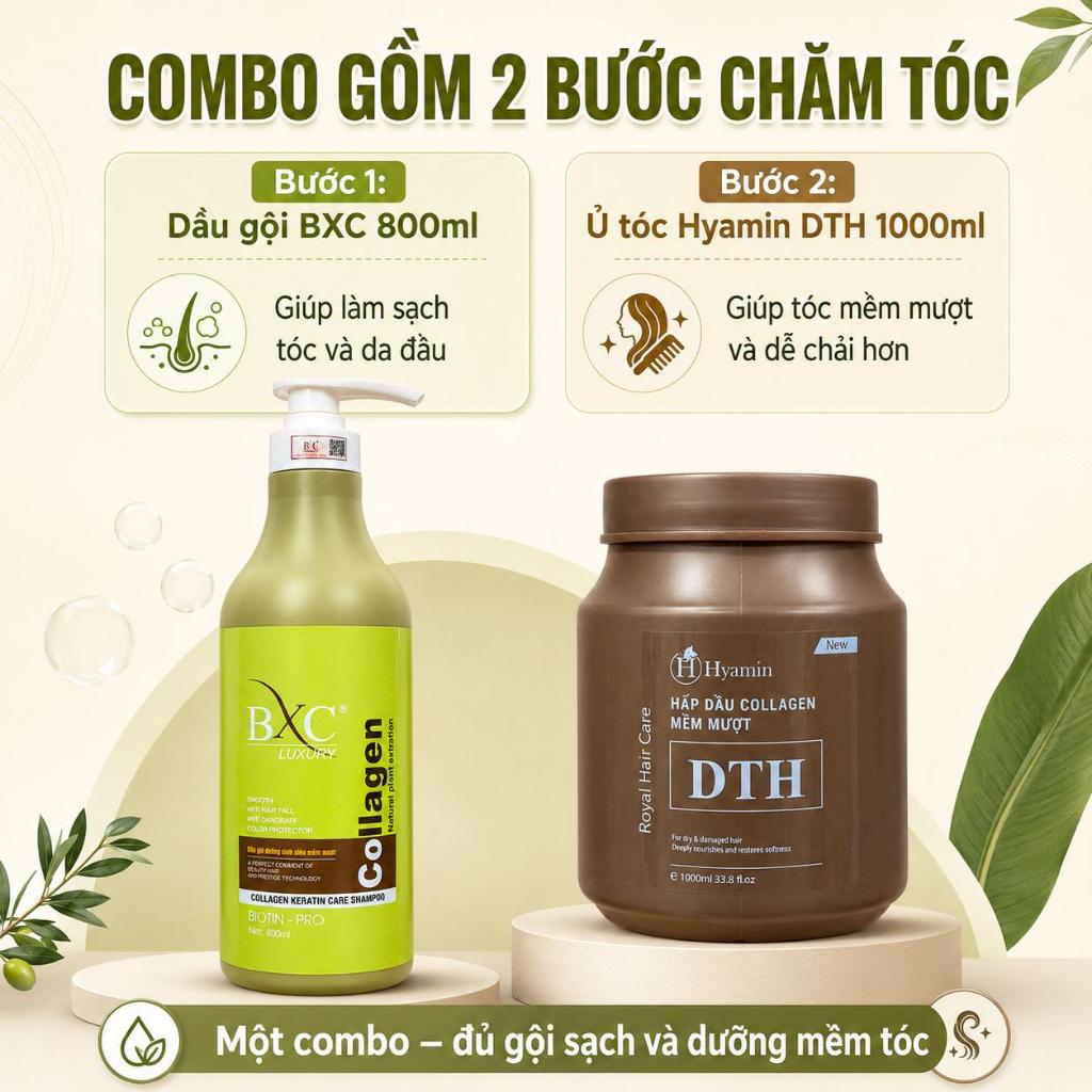 Combo Dầu Gội Dưỡng Sinh BXC Kem Ủ Tóc Hyamin Collagen, Chăm Sóc Tóc Khô Xơ, Dưỡng Tóc Mềm Mượt