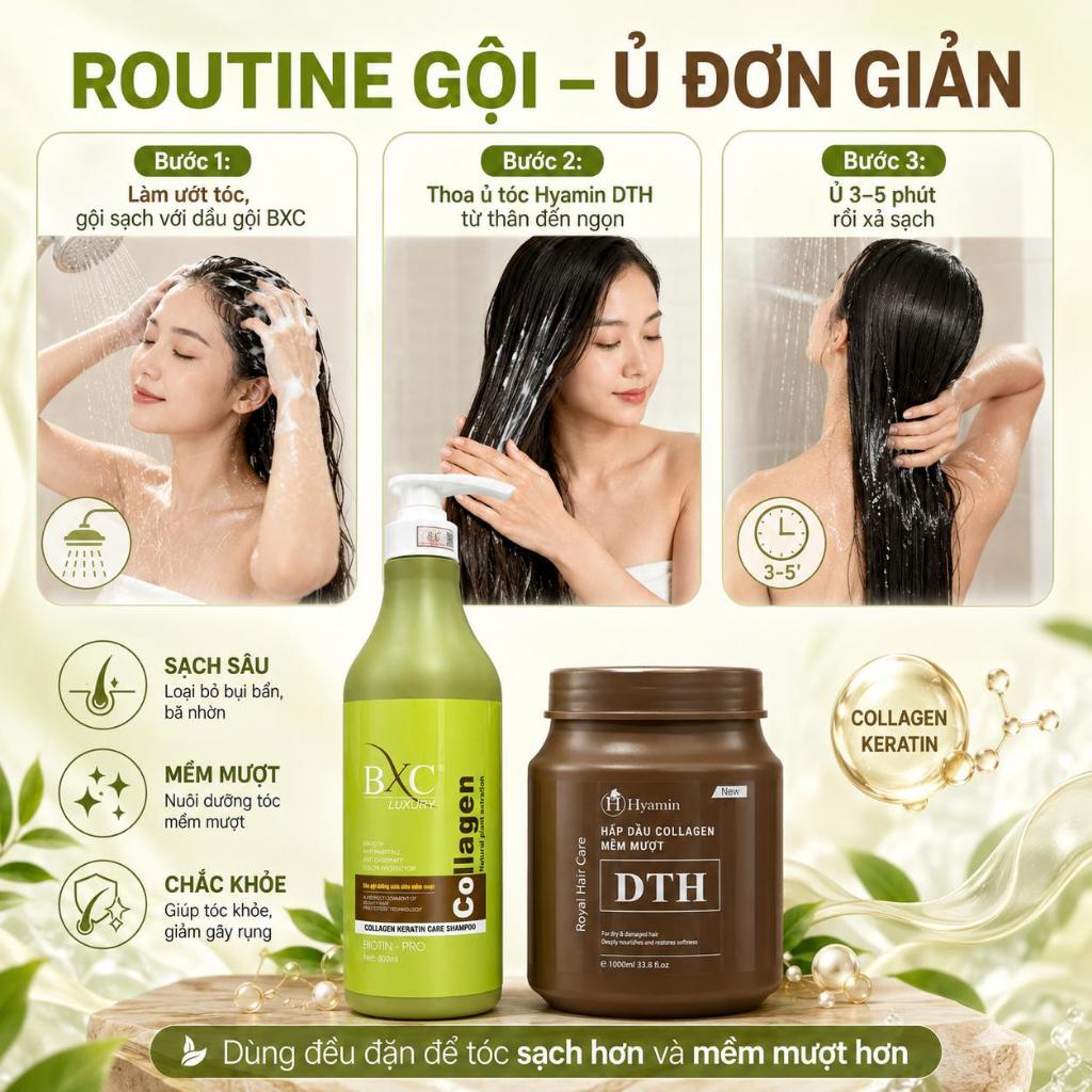 Combo Dầu Gội Dưỡng Sinh BXC Kem Ủ Tóc Hyamin Collagen, Chăm Sóc Tóc Khô Xơ, Dưỡng Tóc Mềm Mượt