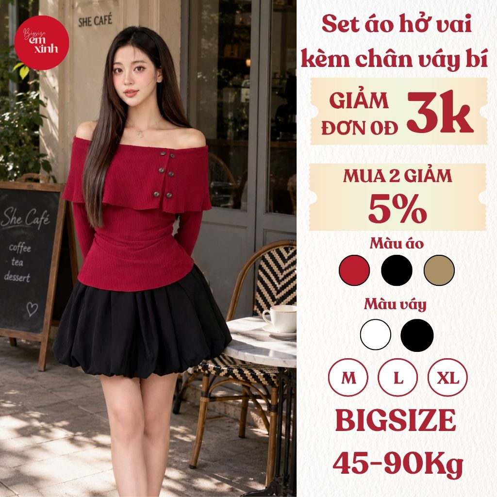 Set áo hở vai phối nút thun tăm kèm chân váy bí  Bs059 vải dày dặn size 45-90kg- Em Xinh Bigsize