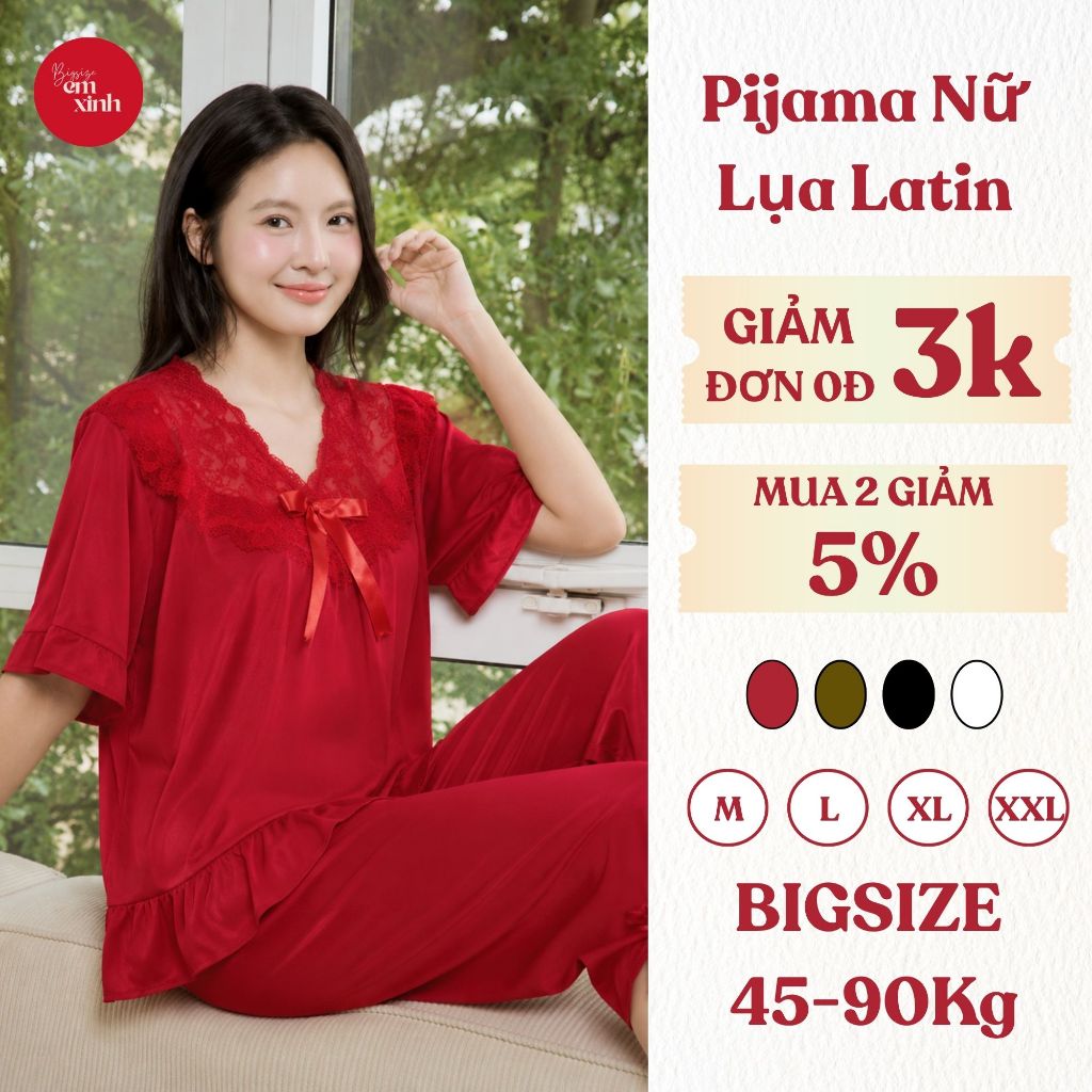 Pijama Nữ Lụa Latin Tay Lỡ Quần Lửng Cổ Phối Ren - Đồ ngủ Tiểu Thư thời trang -PJ019- Em Xinh Bigsize
