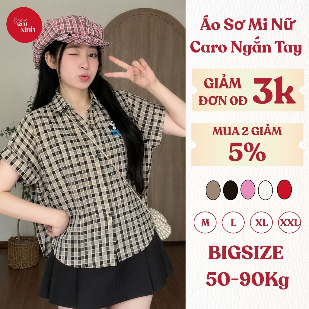 Áo Sơ Mi Nữ Caro Ngắn Tay Thêu Hình Gấu Dễ Thương Phù Hợp Đi Chơi, Đi Làm - Bs077 | Emxinhbigsize