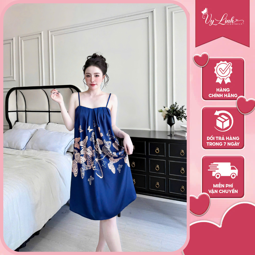 Đầm ngủ 2 dây Vy Linh chất liệu lụa latin họa tiết 3D xinh xắn thoáng mát, mềm mại S933