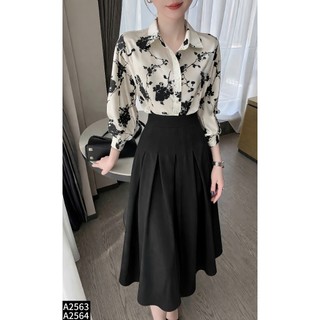 Áo sơ mi  hoa lụa +Chân váy xếp ly cạp cao thời thượng A2563+