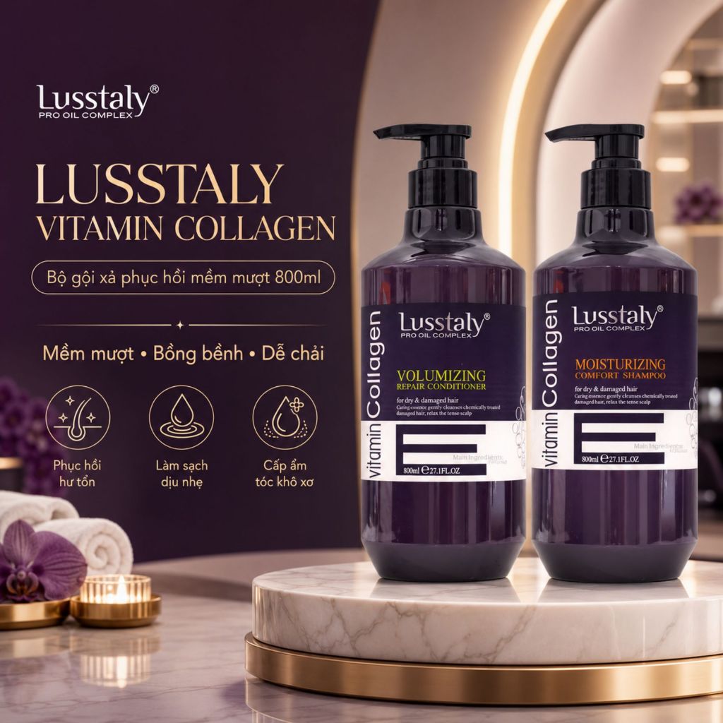 Dầu Gội Xả Lusstaly Vitamin E 500ml | Sạch Thoáng Da Đầu, Tóc Mềm Mượt Bóng Khỏe Chuẩn Salon
