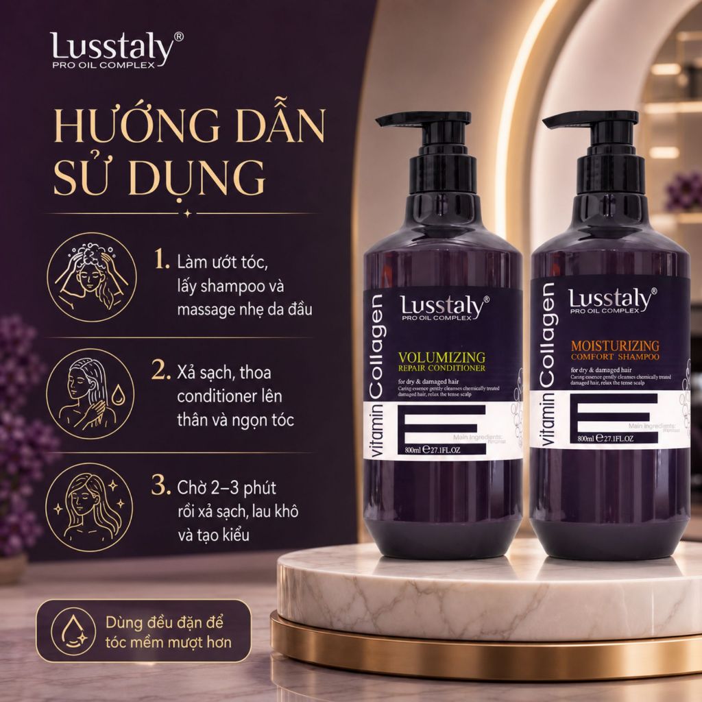 Dầu Gội Xả Lusstaly Vitamin E 500ml | Sạch Thoáng Da Đầu, Tóc Mềm Mượt Bóng Khỏe Chuẩn Salon