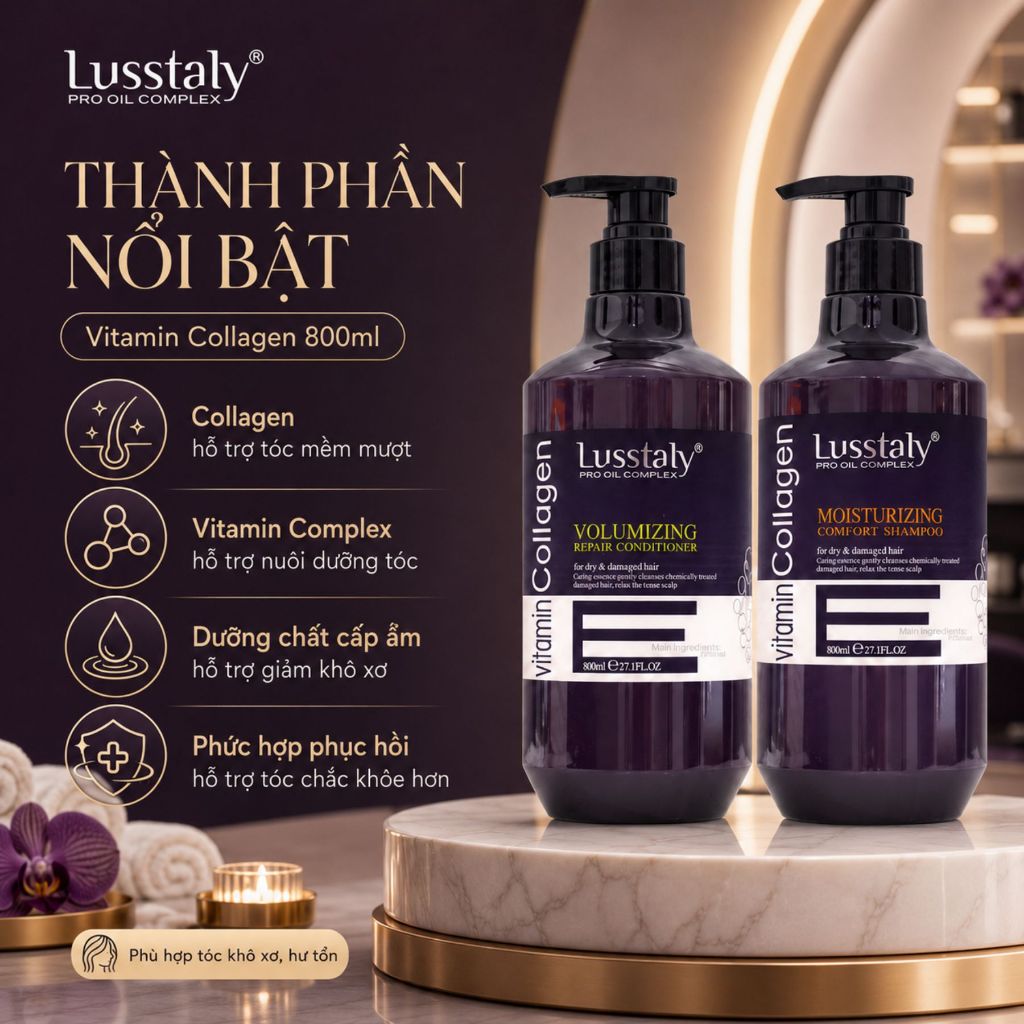 Dầu Gội Xả Lusstaly Vitamin E 500ml | Sạch Thoáng Da Đầu, Tóc Mềm Mượt Bóng Khỏe Chuẩn Salon