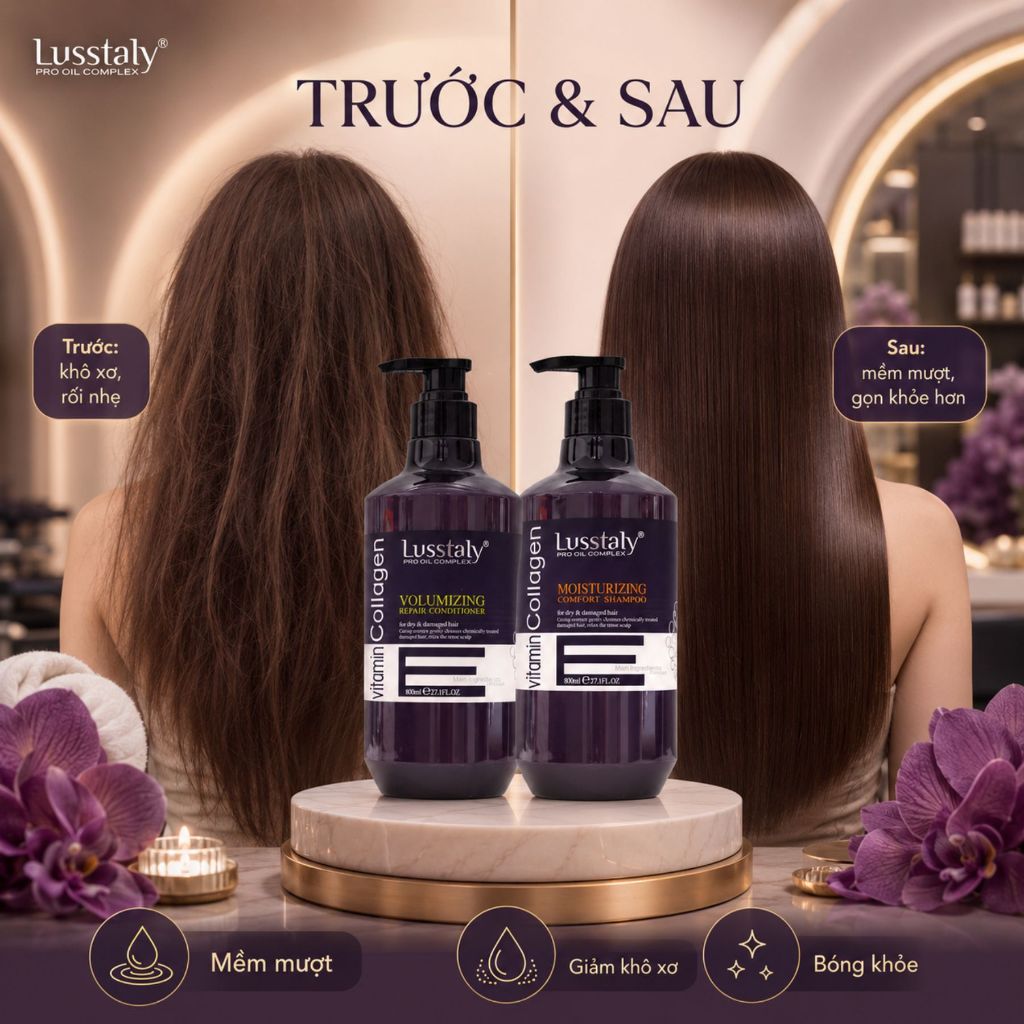 Dầu Gội Xả Lusstaly Vitamin E 500ml | Sạch Thoáng Da Đầu, Tóc Mềm Mượt Bóng Khỏe Chuẩn Salon
