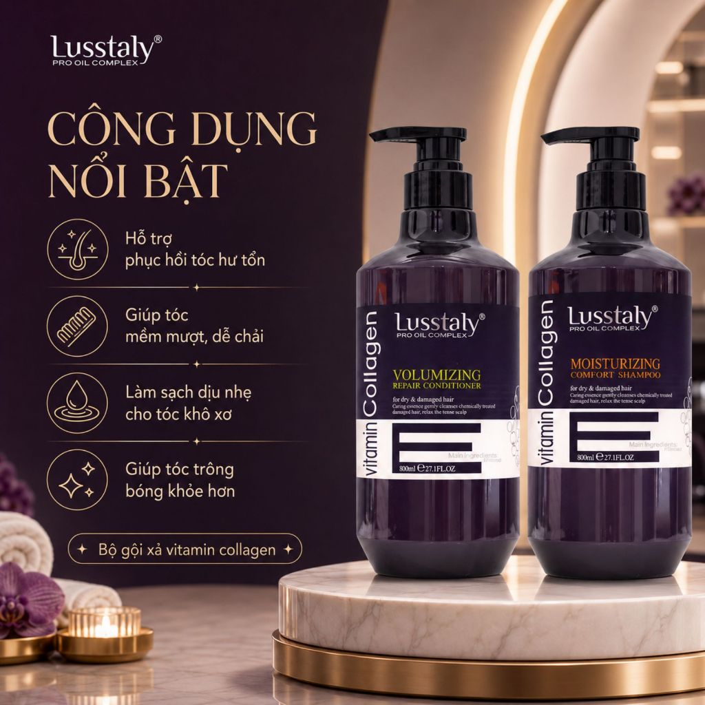 Dầu Gội Xả Lusstaly Vitamin E 500ml | Sạch Thoáng Da Đầu, Tóc Mềm Mượt Bóng Khỏe Chuẩn Salon