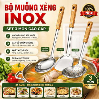 Bộ Vá Muỗng Inox Cao Cấp 3 Món Cán Nhựa Chịu Nhiệt – Muỗng Canh, Vá Lỗ, Xẻng Chiên Đa Năng Cho Nhà Bếp