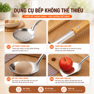 Bộ Vá Muỗng Inox Cao Cấp 3 Món Cán Nhựa Chịu Nhiệt – Muỗng Canh, Vá Lỗ, Xẻng Chiên Đa Năng Cho Nhà Bếp