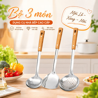 Bộ Vá Muỗng Inox Cao Cấp 3 Món Cán Nhựa Chịu Nhiệt – Muỗng Canh, Vá Lỗ, Xẻng Chiên Đa Năng Cho Nhà Bếp