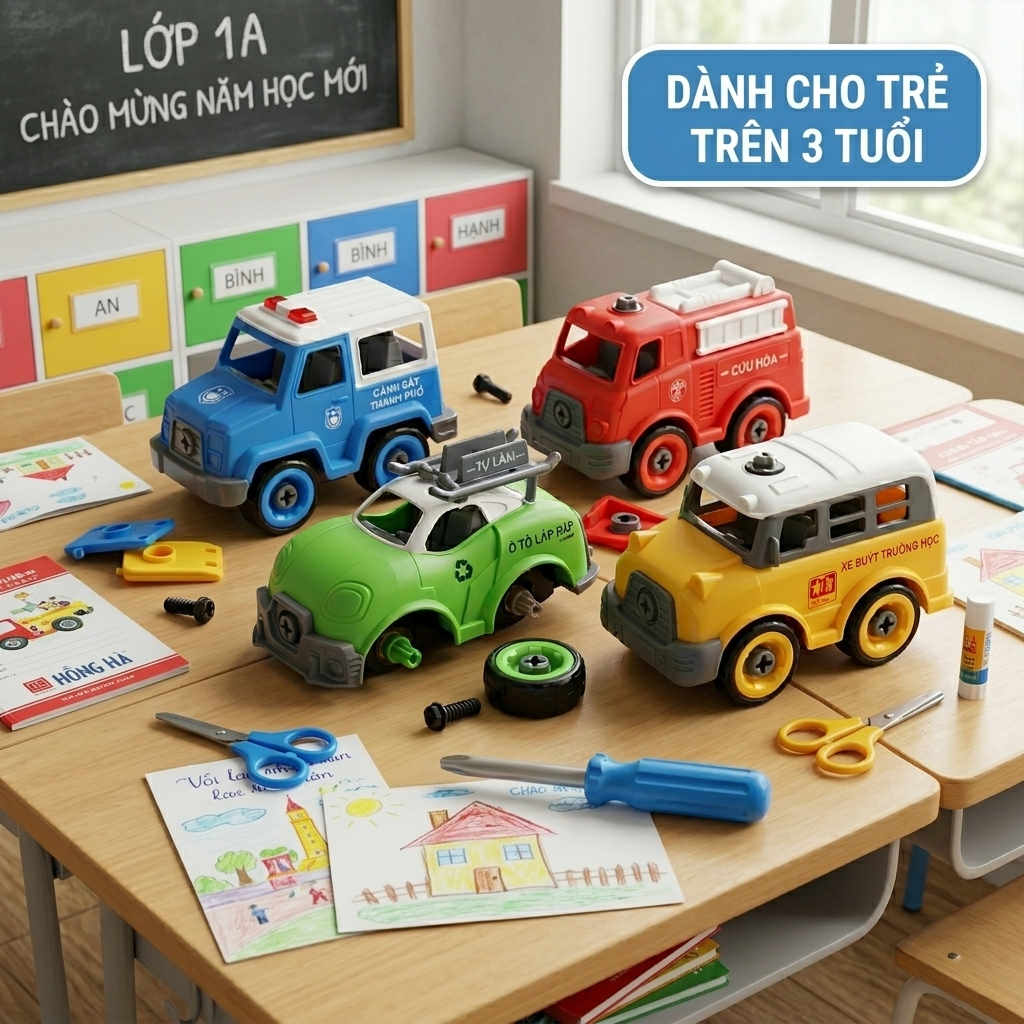 Bộ Đồ Chơi Xe Lắp Ráp DIY Cho Bé DecorSquare - 4 Xe Cứu Hỏa Cảnh Sát, Thành Phố, Kèm Tua Vít STEM