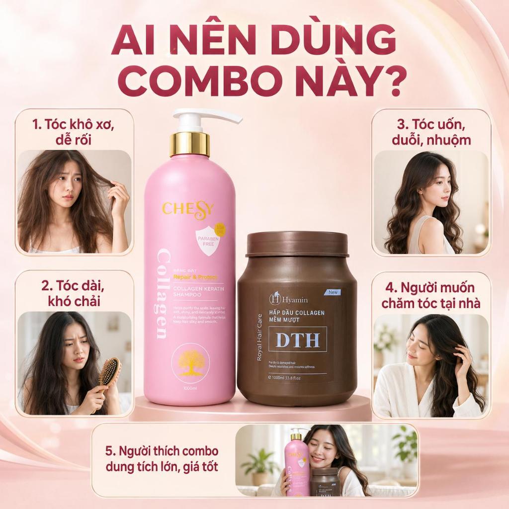 Combo Chăm Tóc Dầu Gội Hyamin Chesy 1000ML và Ủ Tóc Hyamin DTH Collagen Keratin 1000ML Phục Hồi Tóc Khô Xơ Hư Tổn