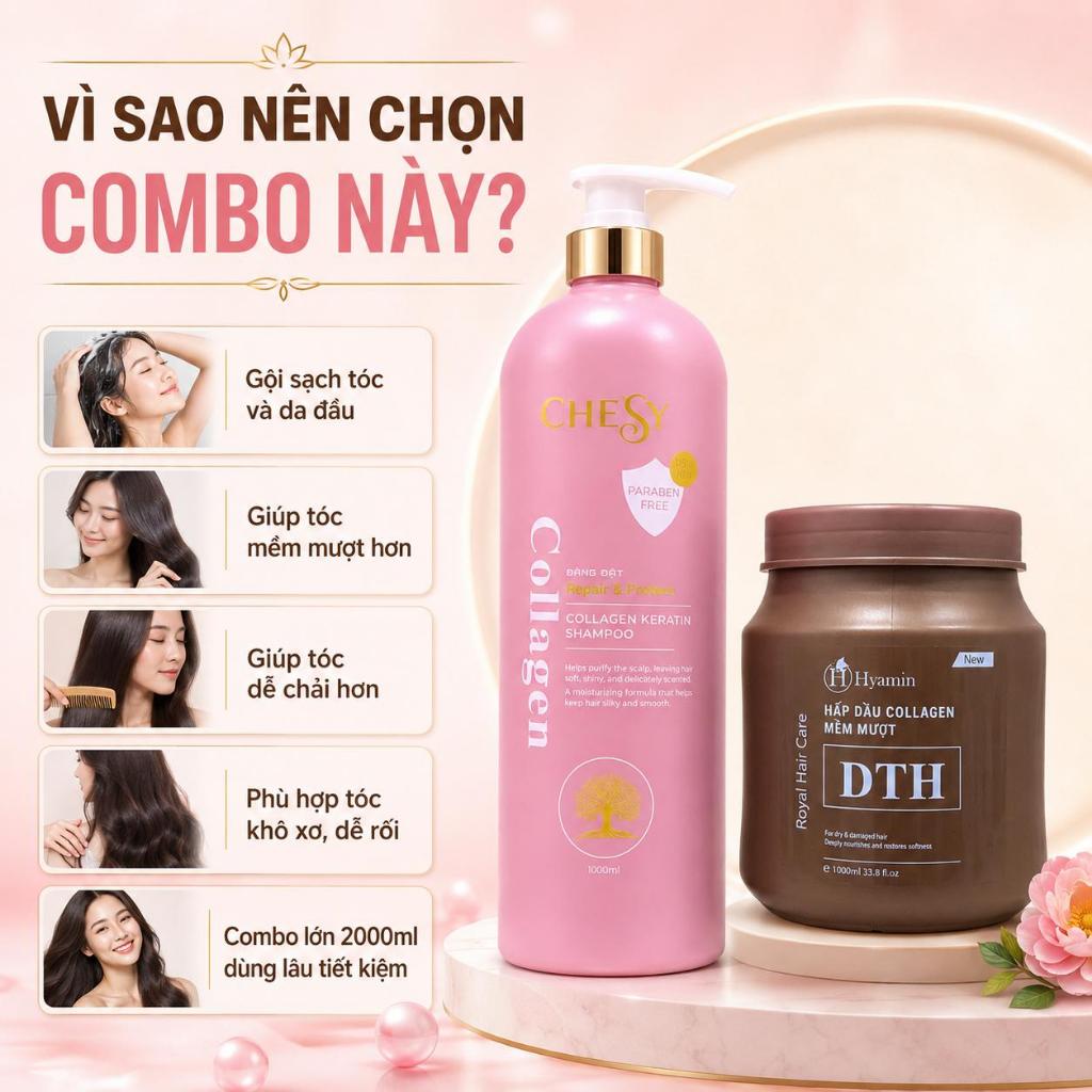 Combo Chăm Tóc Dầu Gội Hyamin Chesy 1000ML và Ủ Tóc Hyamin DTH Collagen Keratin 1000ML Phục Hồi Tóc Khô Xơ Hư Tổn