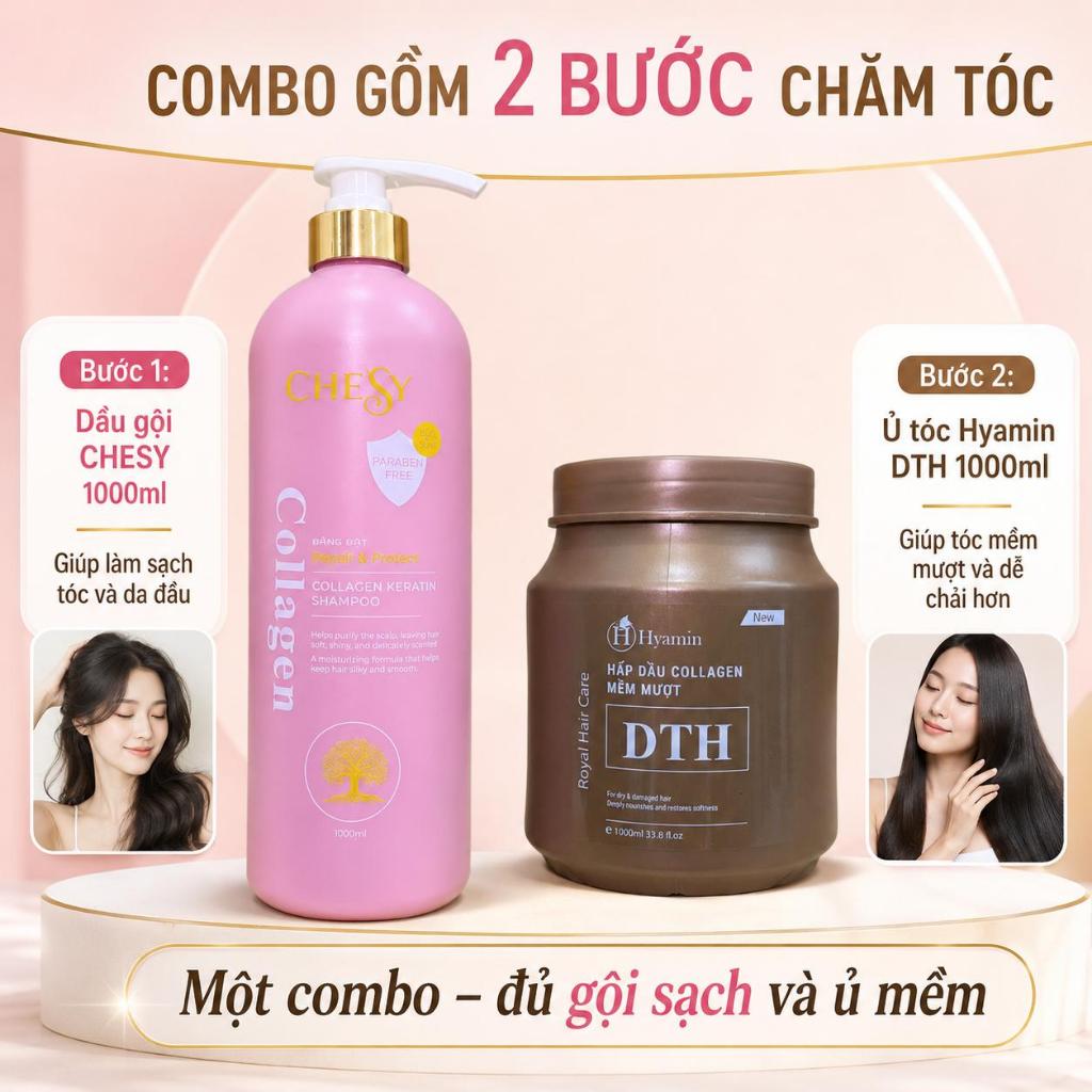 Combo Chăm Tóc Dầu Gội Hyamin Chesy 1000ML và Ủ Tóc Hyamin DTH Collagen Keratin 1000ML Phục Hồi Tóc Khô Xơ Hư Tổn