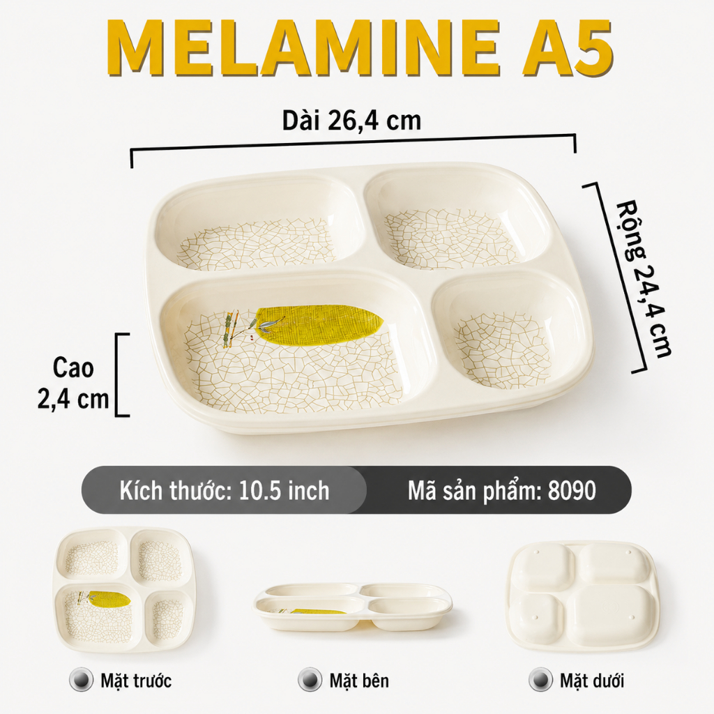 Khay Chia Ngăn Phíp ( Melamine A5 ) Hoa Văn Hình Lá Tre Dùng Cho Nhà Hàng Khách Sạn  8090