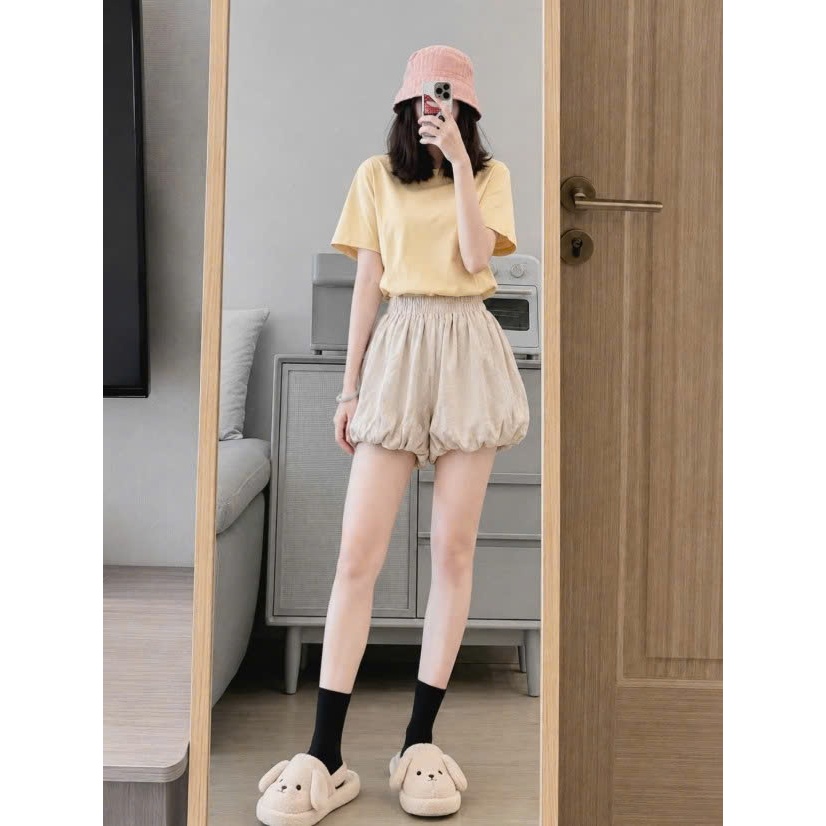 Quần Short Bí Ngô Nữ Cạp Chun Form Bồng - Quần Đùi Bo Gấu Vải Mềm Phong Cách Hàn Quốc