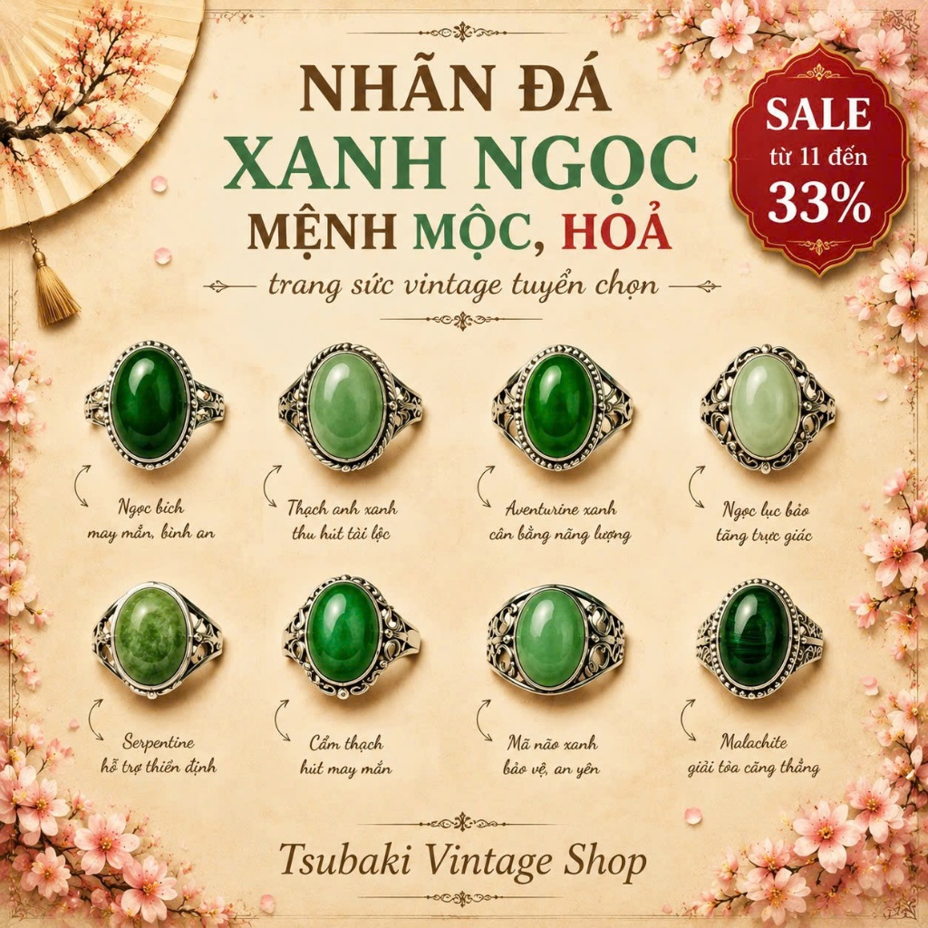 (22.08) Nhẫn Đá Xanh Ngọc Oval – Nhẫn Phong Thuỷ Mệnh Mộc/Hỏa