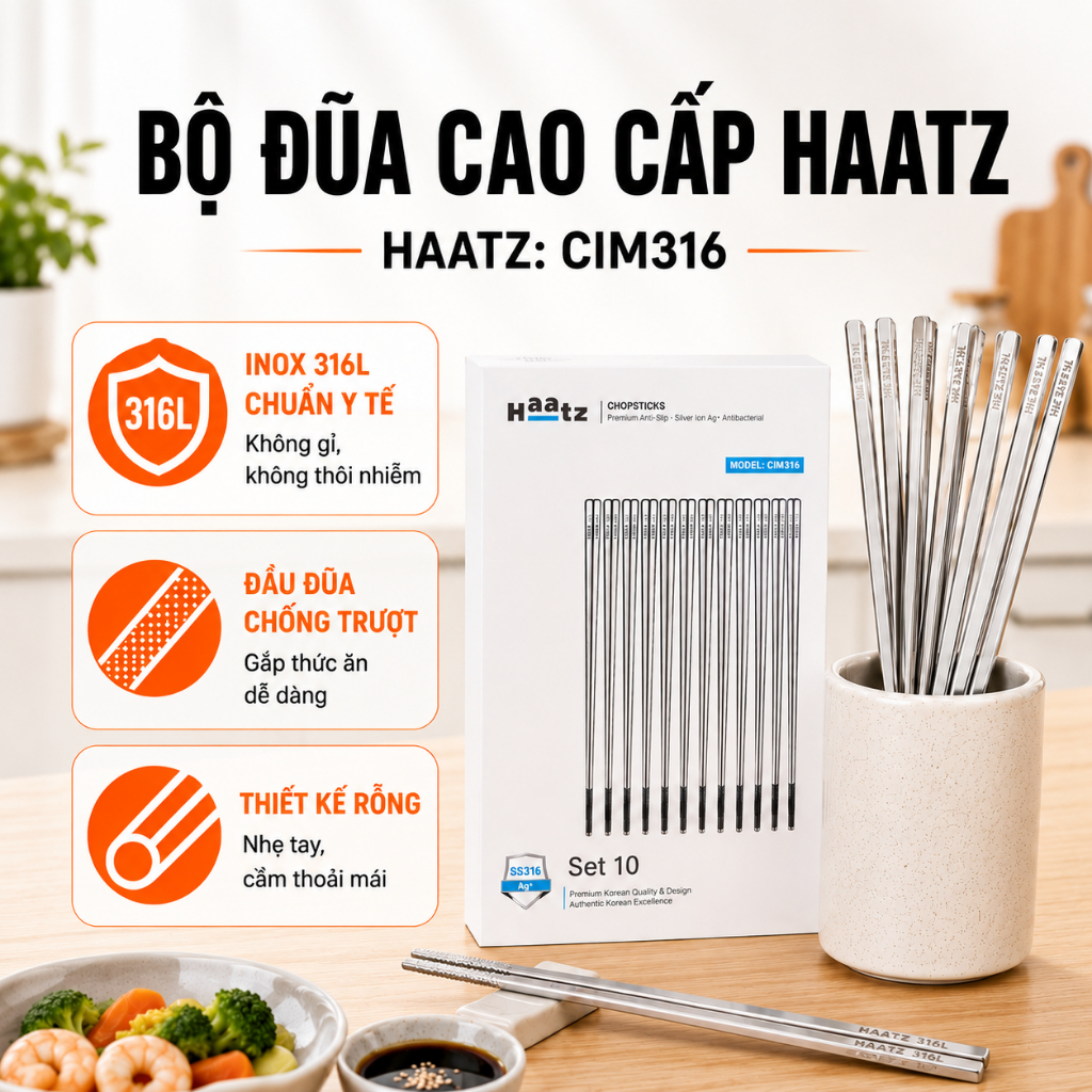 Đũa Inox 316L Haatz CIM316 Cao Cấp Chống Gỉ An Toàn Cho Sức Khỏe Bền Đẹp Sang Trọng