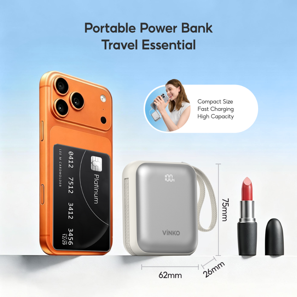 Sạc dự phòng VINKO V9 PRO chứng nhận 3C, 10000mAh 22.5W, tích hợp dây cáp sạc Type-C & Lightning for iPhone Samsung