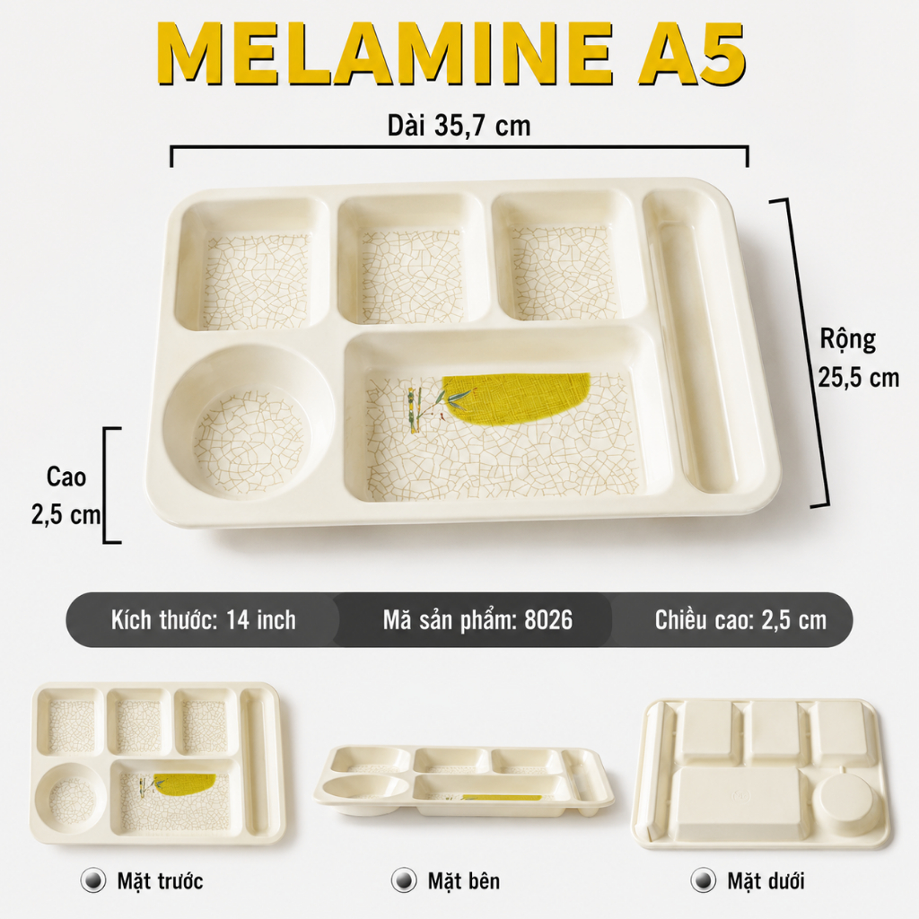 Khay Chia Ngăn Phíp ( Melamine A5 ) Hoa Văn Hình Lá Tre Dùng Cho Nhà Hàng Khách Sạn  8026