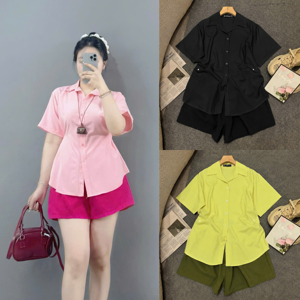 Set Bộ Nữ Bigsize (60-95kg),Set Đồ Sơ Mi Áo Kiểu Nữ Phối Quần Short Lưng Cao Hot Trend SET40
