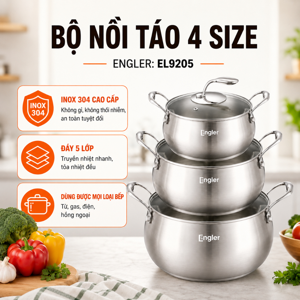Nồi Inox 304 Engler EL9205 Đáy 5 Lớp Thân 3 Lớp Dùng Mọi Loại Bếp Truyền Nhiệt Nhanh